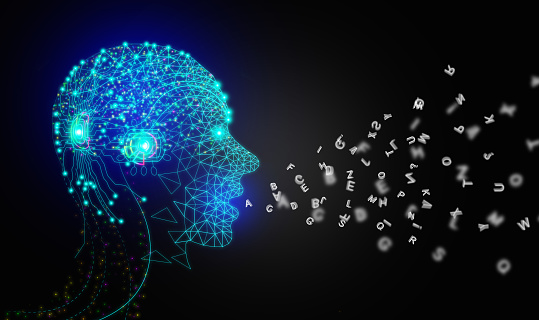 A holographic robotic head with letters coming out of its mouth.